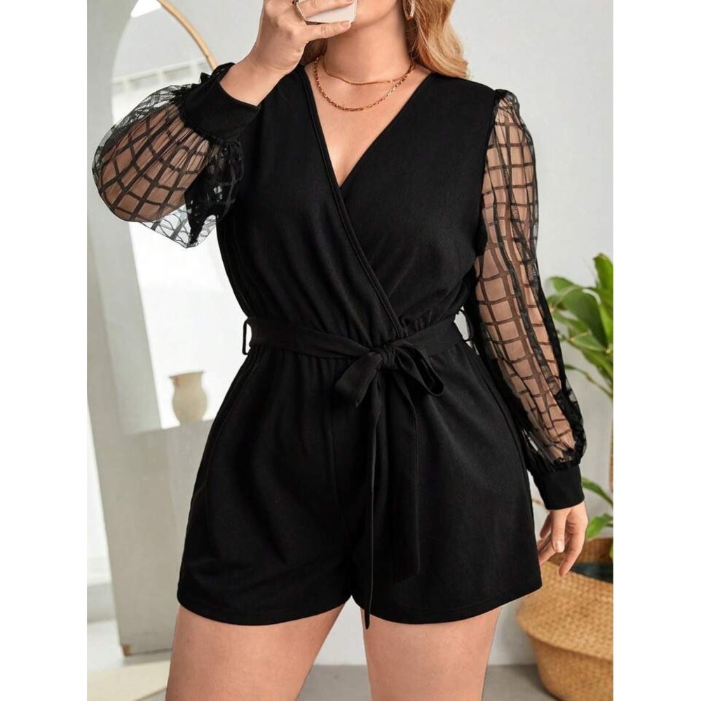 Shein Womens Black Mesh Long Sleeve Romper V-Neck Belted Short Jumpsuit